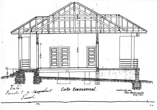 Desenho original de corte transversal da casa, assinado pelo arquiteto